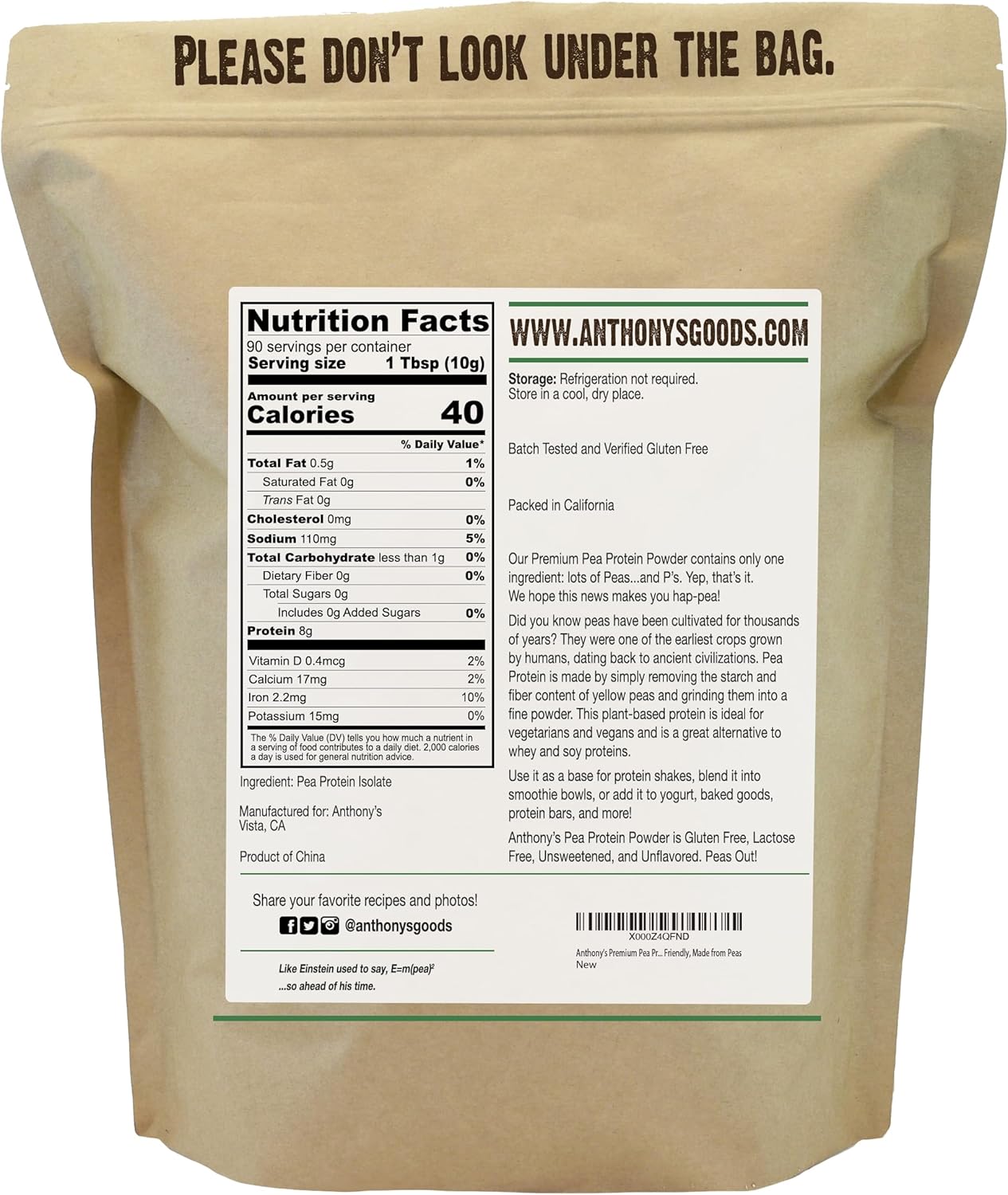 Anthony's Premium Pea Protein, 2 lb, Plant Based, Gluten Free, Unflavored, Vegan, Keto Friendly, Made from Peas