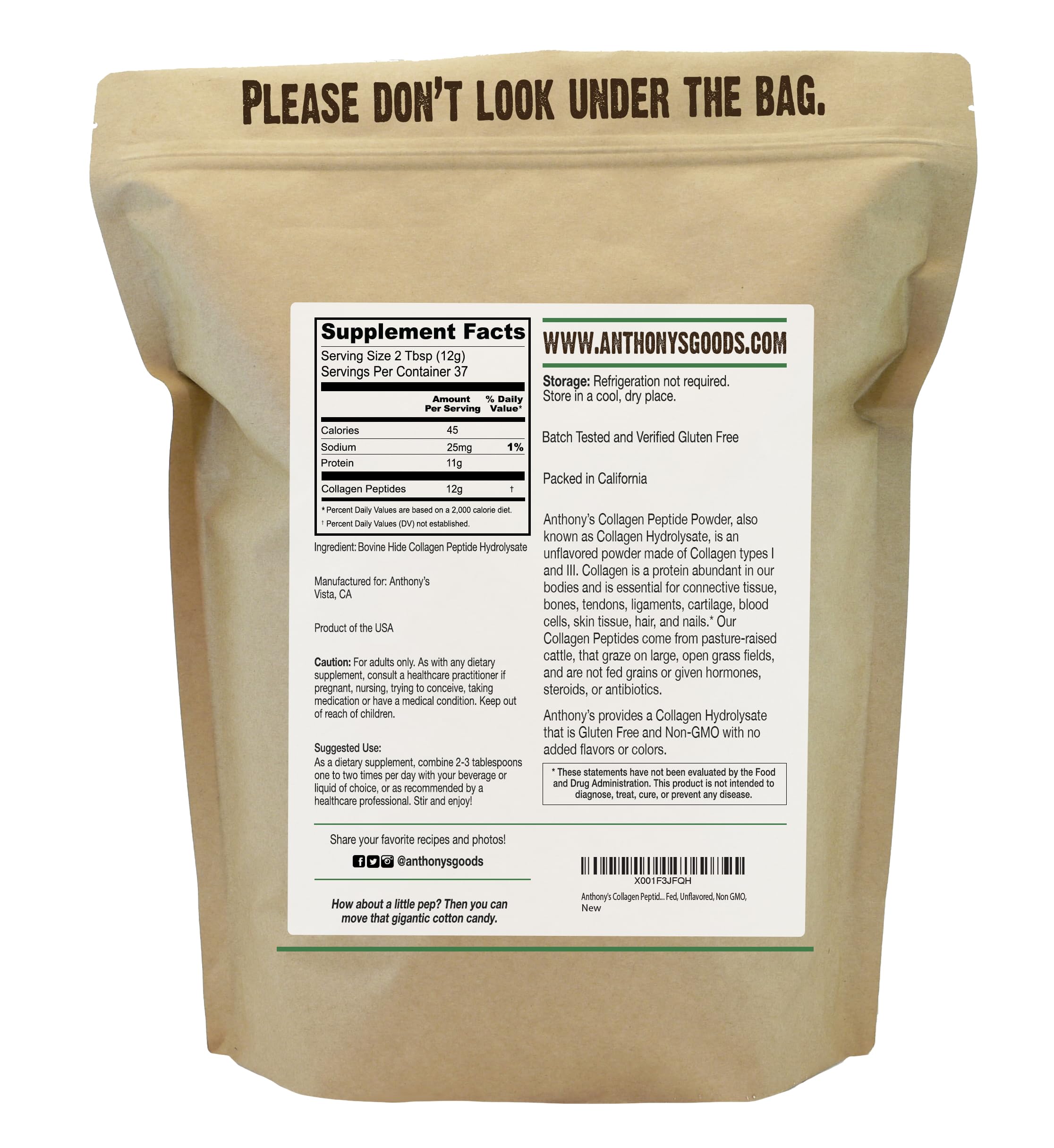 Anthony's Collagen Peptide Powder, 1 lb, Pure Hydrolyzed, Gluten Free, Keto and Paleo Friendly, Grass Fed, Unflavored, Non GMO