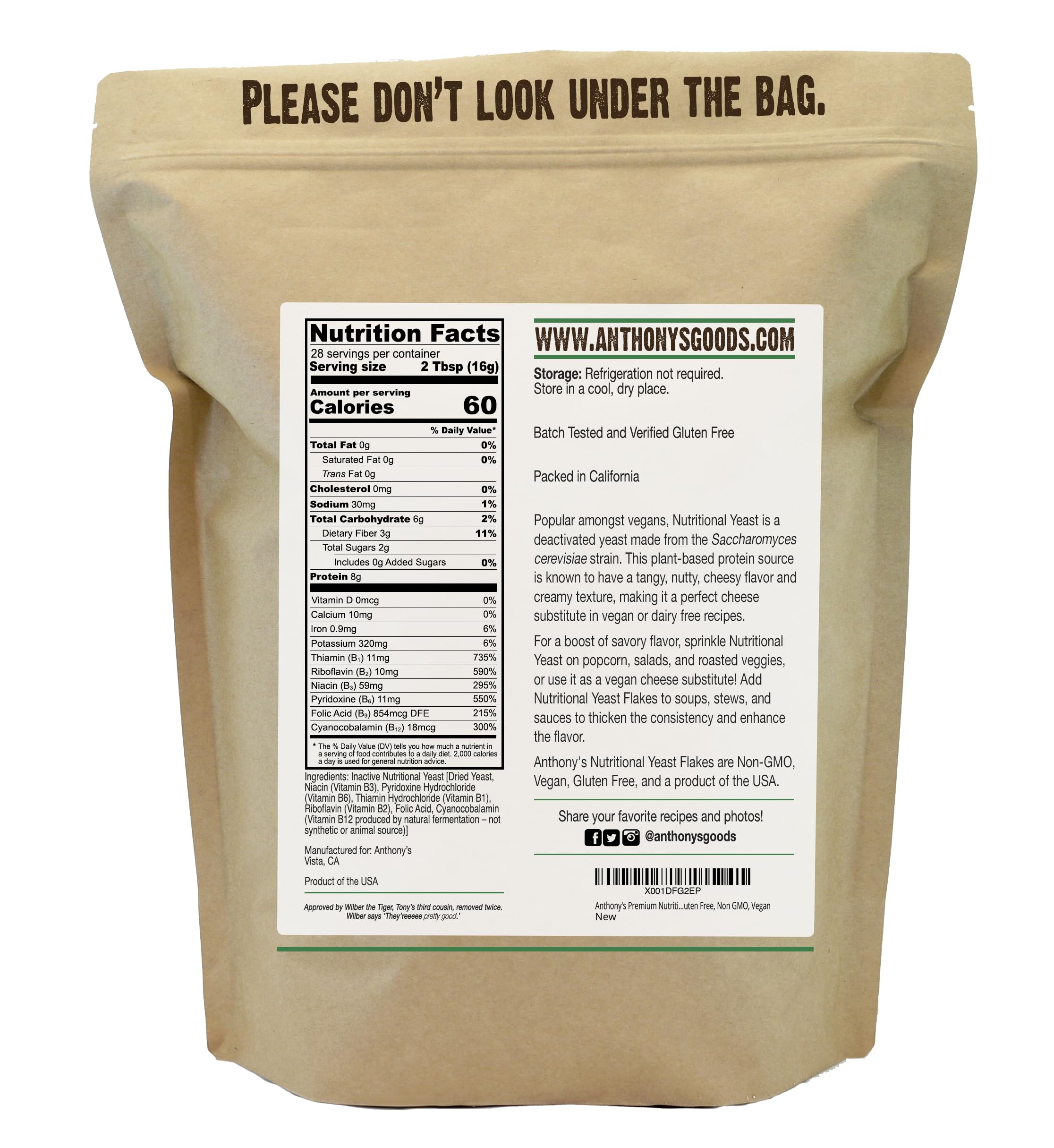 Anthony's Premium Nutritional Yeast Flakes, 1 lb, Fortified, Gluten Free, Non GMO, Vegan