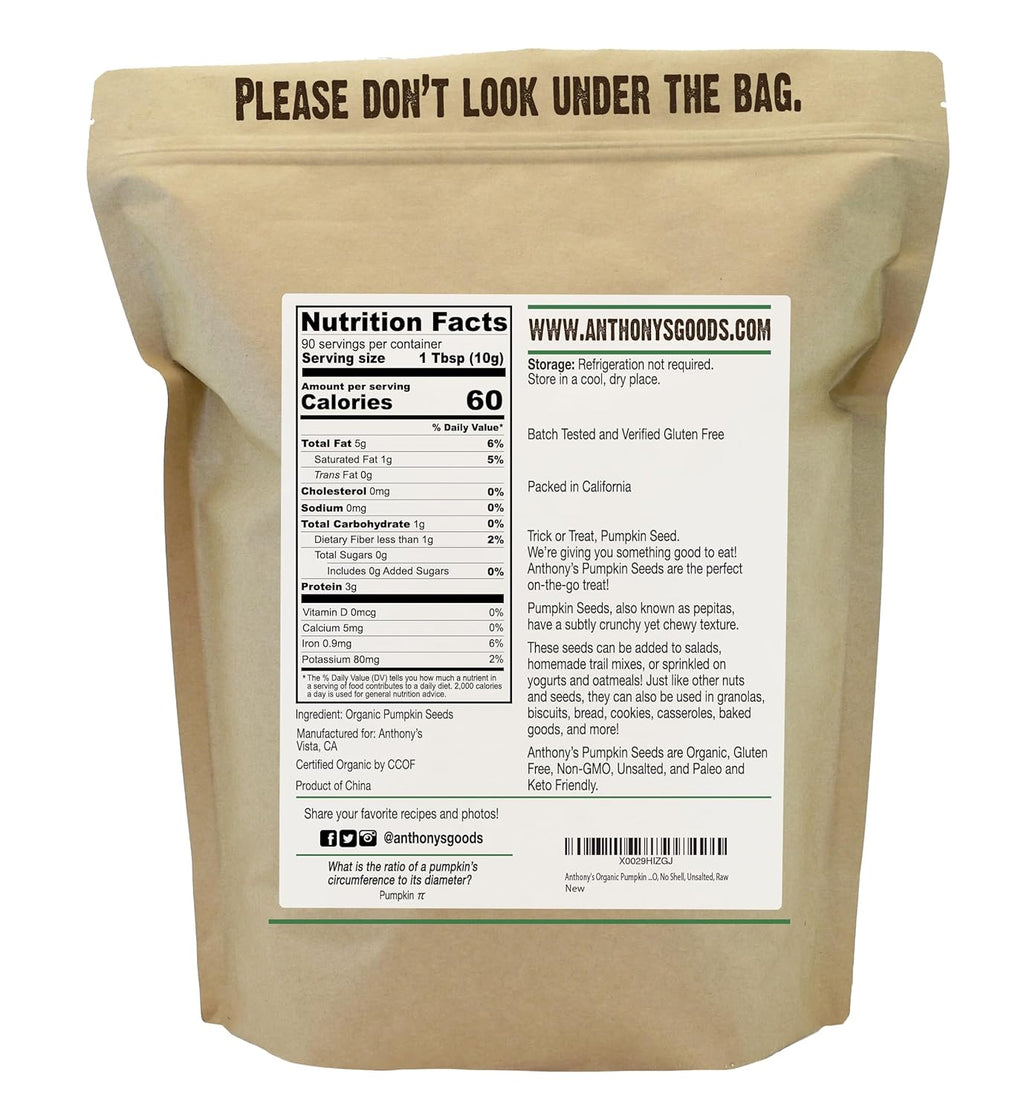 Anthony's Organic Pumpkin Seeds, 2 lb, Gluten Free, Non GMO, No Shell, Unsalted, Raw