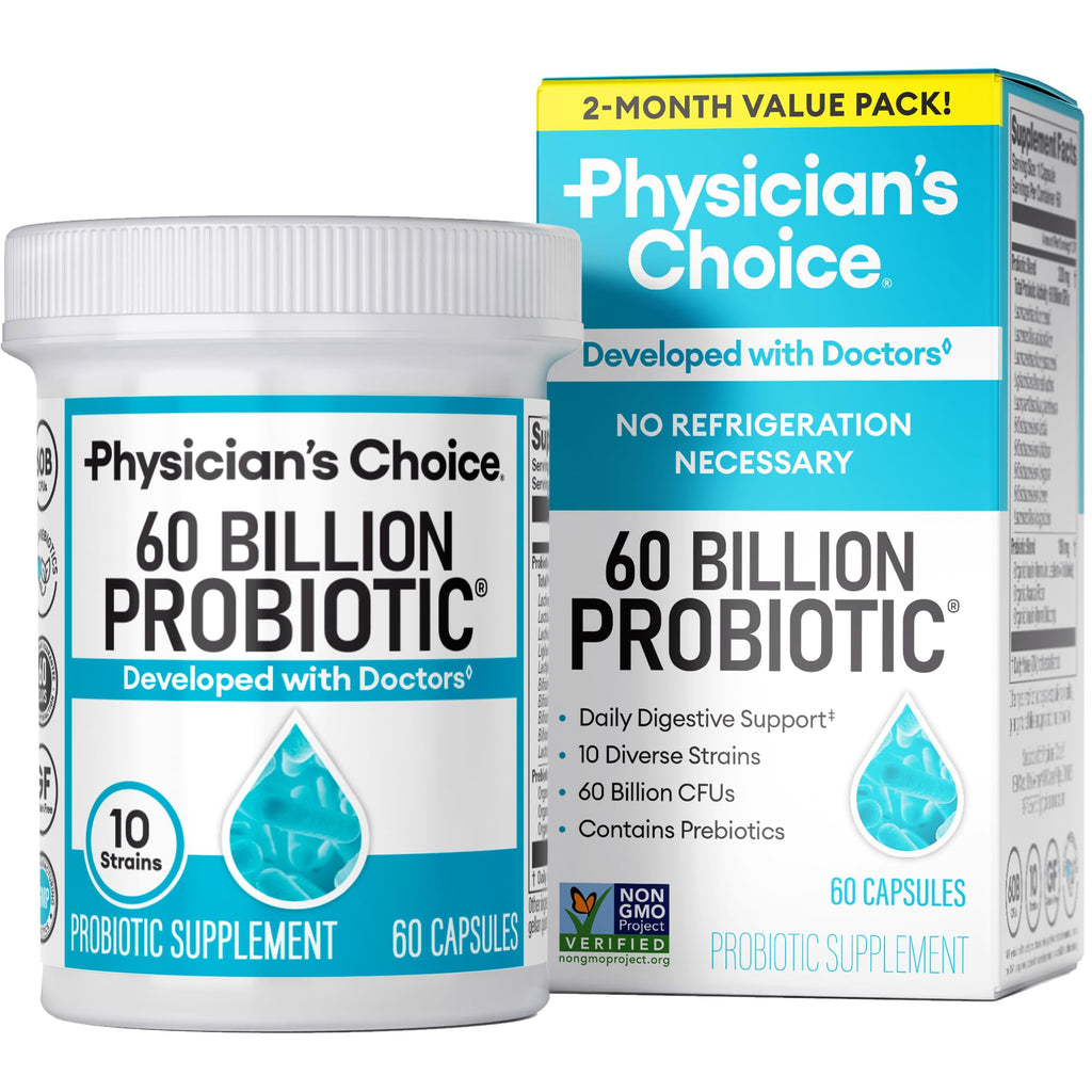 Physician's CHOICE Probiotics 60 Billion CFU - 10 Strains + Organic Prebiotics - Immune, Digestive & Gut Health - Supports Occasional Constipation, Diarrhea, Gas & Bloating - for Women & Men - 60ct