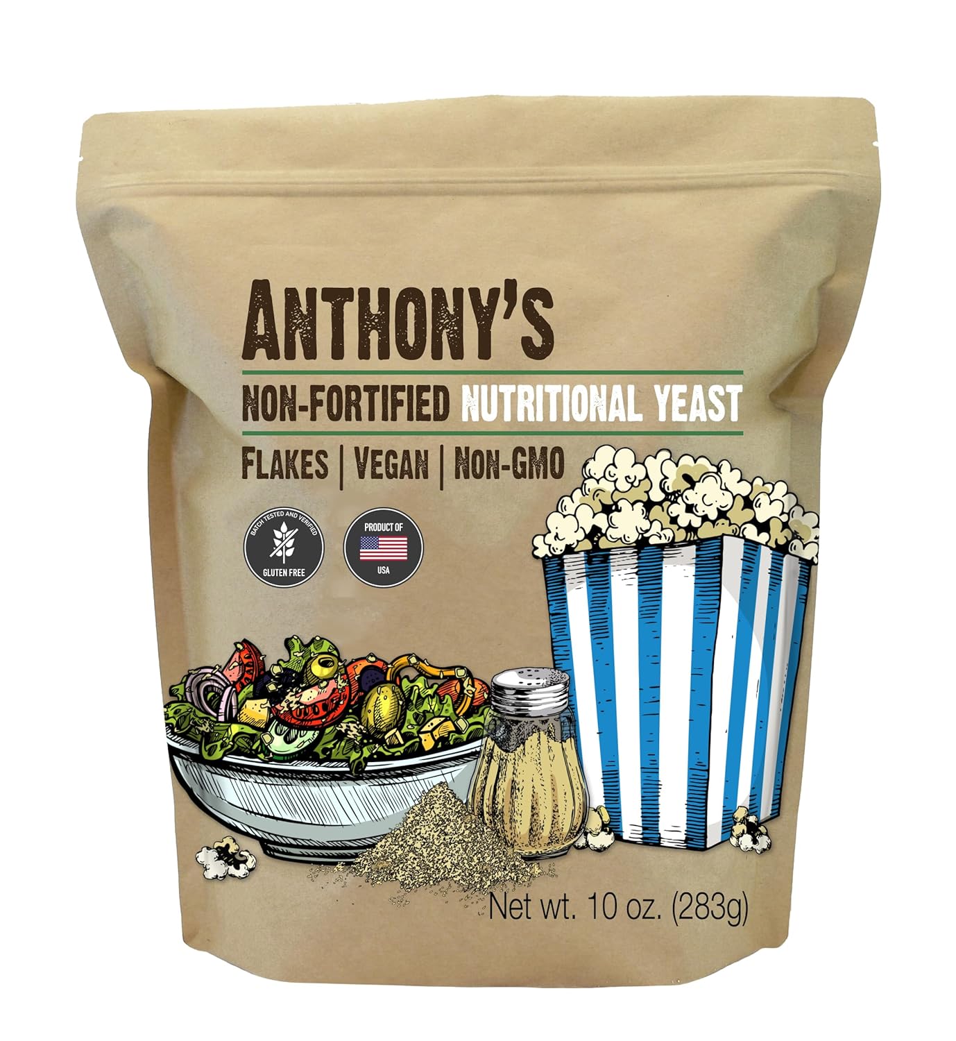 Anthony's Premium Nutritional Yeast Flakes, 10 oz, Non Fortified, Batch Tested Gluten Free, Non GMO