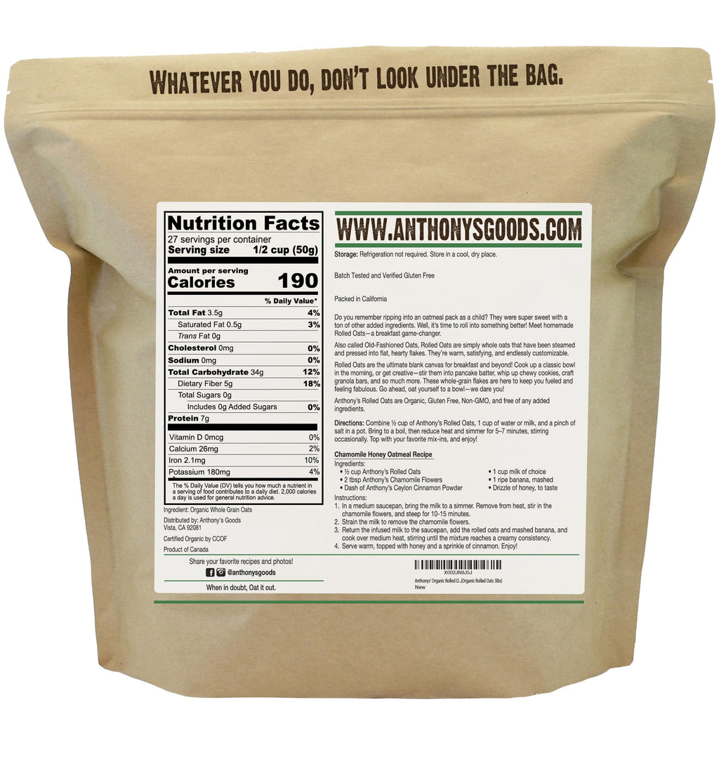 Anthony's Organic Rolled Oats, 3 lb, Gluten Free, Non GMO, Old Fashioned, Whole Grain