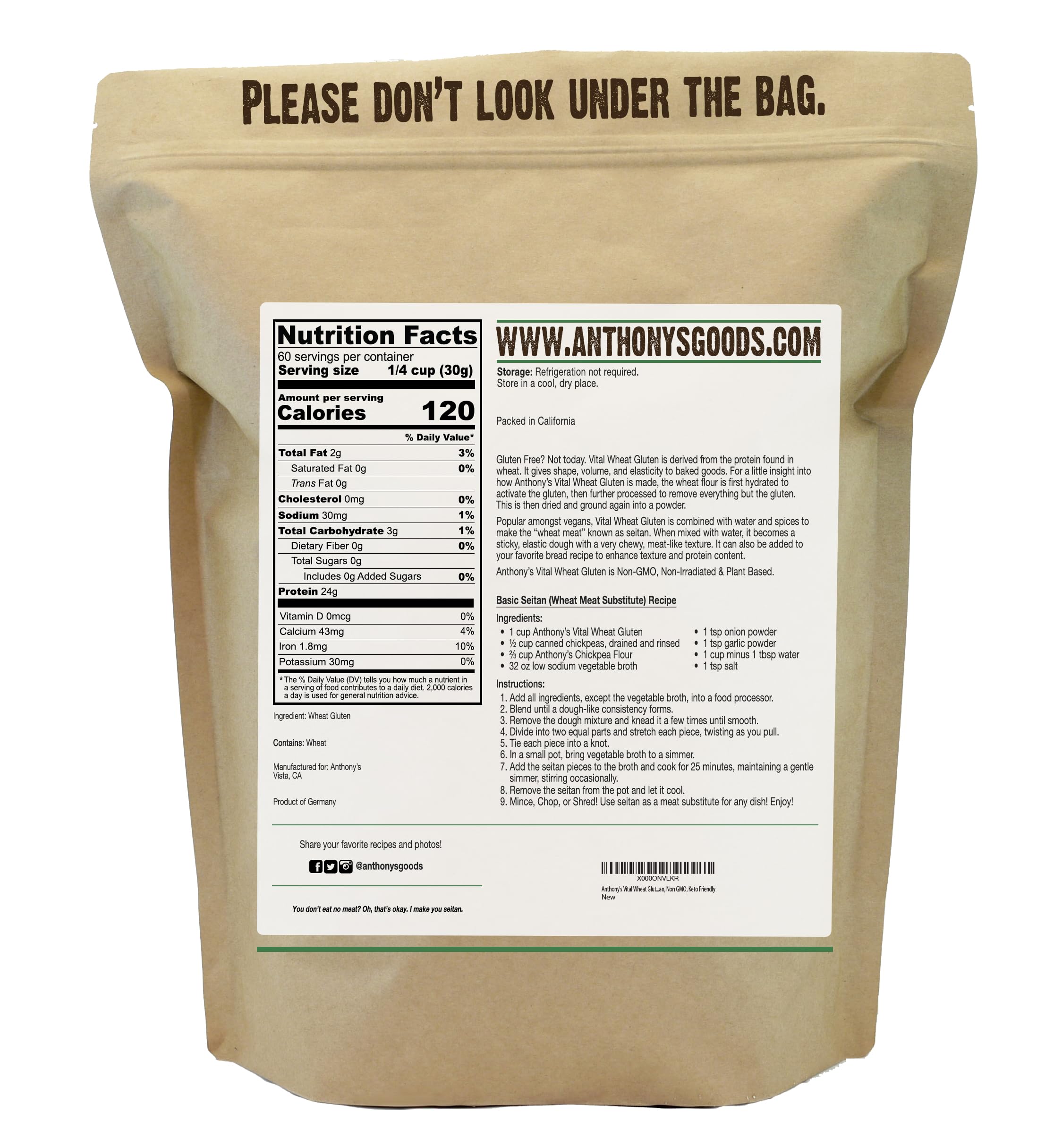 Anthony's Vital Wheat Gluten, 4 lb, Vegan, Non GMO, Keto Friendly, Low Carb