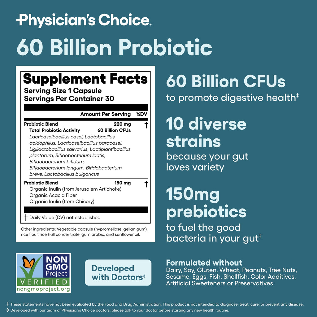Physician's CHOICE Probiotics 60 Billion CFU - 10 Strains + Organic Prebiotics - Immune, Digestive & Gut Health - Supports Occasional Constipation, Diarrhea, Gas & Bloating - for Women & Men - 60ct