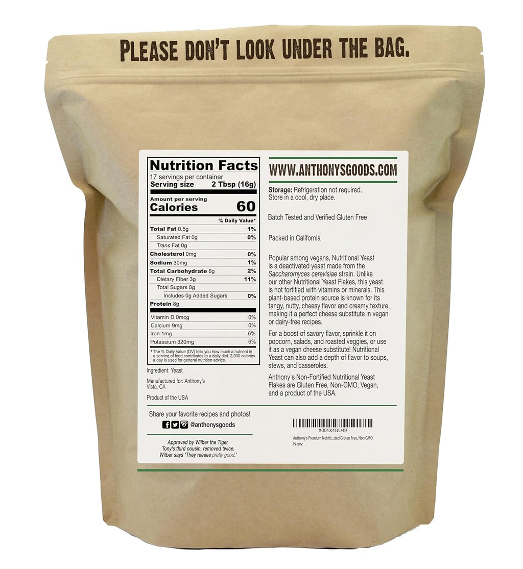 Anthony's Premium Nutritional Yeast Flakes, 10 oz, Non Fortified, Batch Tested Gluten Free, Non GMO